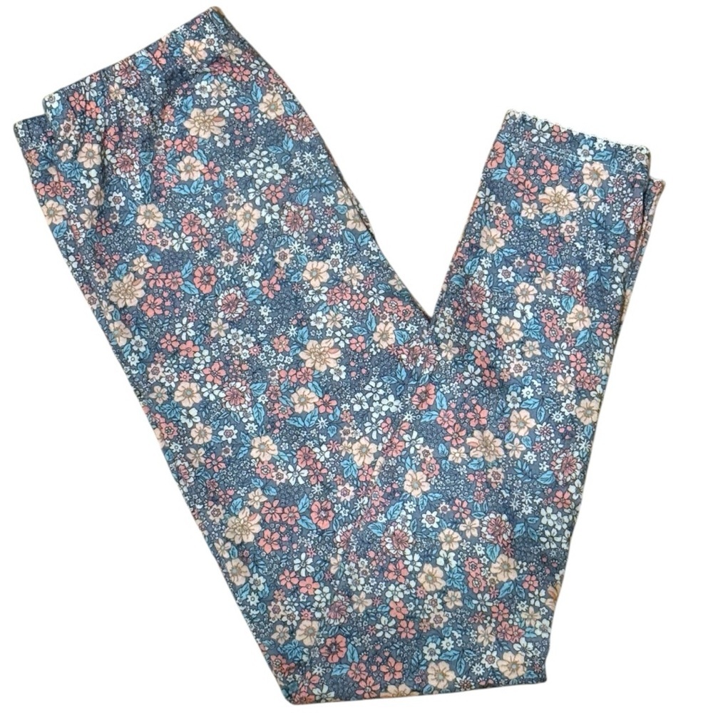Bisby Girls Floral Leggings Size 7 Blue Pink Stretch Pants